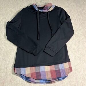 DJT Hoodie Pullover Womens Size M Black Plaid Layered Look Long Sleeve Casual